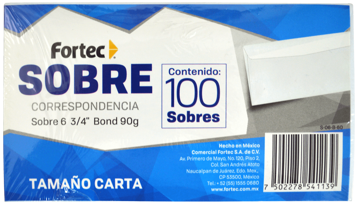Imagen de FORTEC(5) SOBRE BCO CARTA C/100 (6 3/4") 90GRS (S-06-B-60) CORRESPONDENCIA